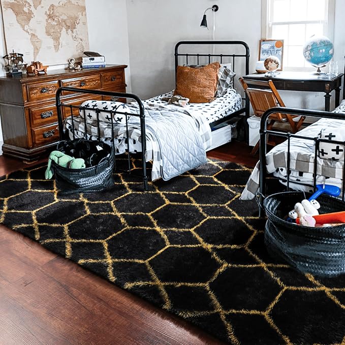 7x9 Area Rugs for Living Room Bedroom, Large Boho Fluffy Black and Gold Throw - Image 8