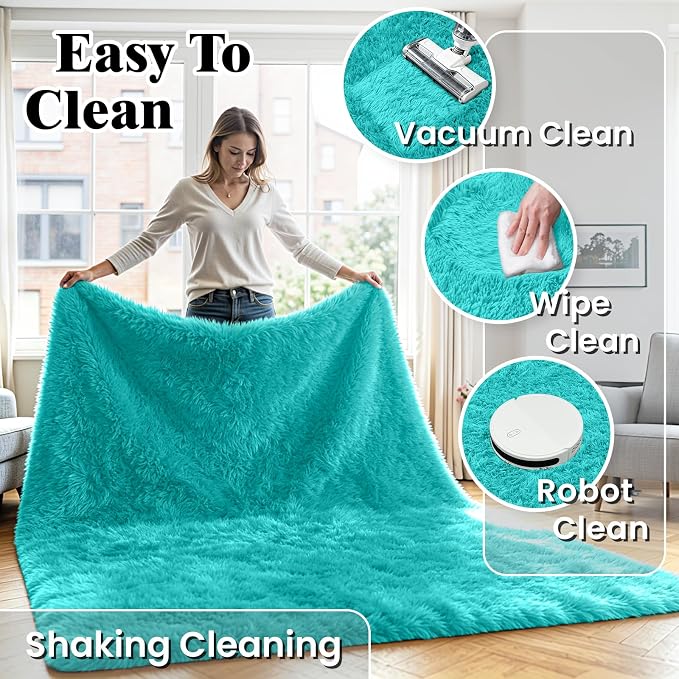 6x9 Fluffy Area Rug for Living Room: Soft Non-Slip Turquoise Bedroom Carpet | - Image 6