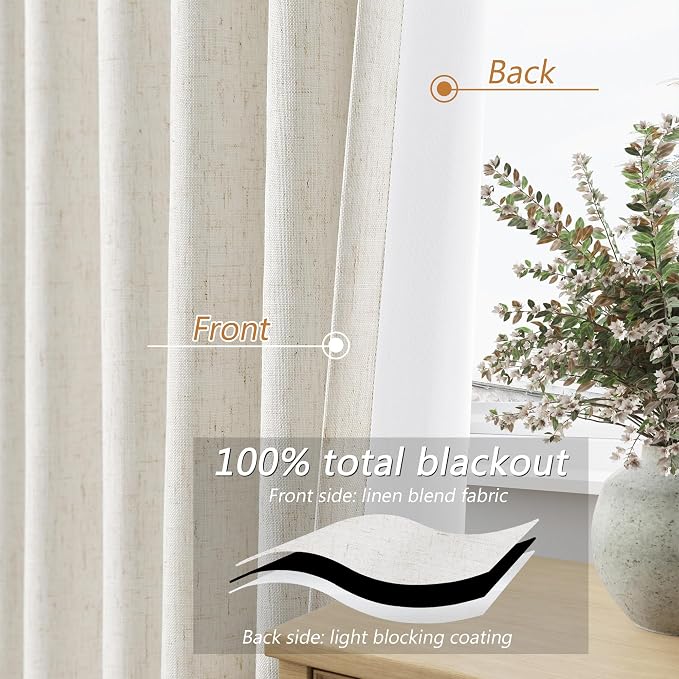 Beige White 100% Blackout Linen Curtains 108 Inch Length 2 Panels Set - Image 4