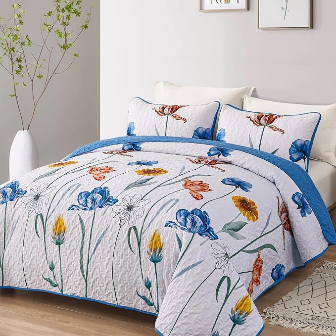 WONGS BEDDING Blue Quilt Set King Size, Cute Floral Botanical Bedspread Bedding - Image 2