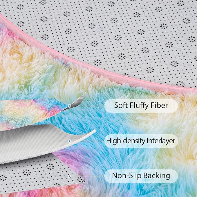 Goideal Fluffy Bedroom Rug, Small Oval Area Rugs, Rainbow Shag Bedside Carpet - Image 6