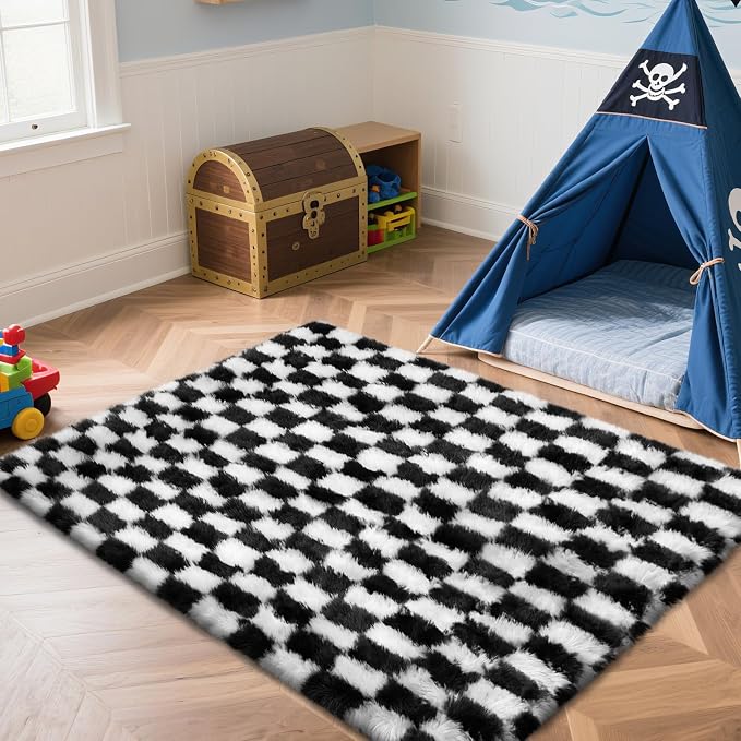 4x6 Black and White Rug for Bedroom, Fluffy Area Rugs Small Bedside Carpet | - Image 3