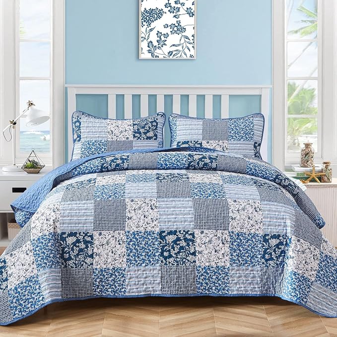 Mybedsoul Blue Quilt Set Twin Size Dorm Bedding, Patchwork Bedding Set | Soft by Mybedsoul