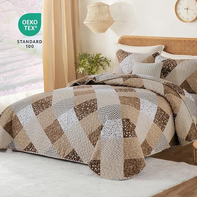 Dinjoy Boho Quilt Set King Size, Patchwork Floral Bedspreads, Reversible Summer - Image 2