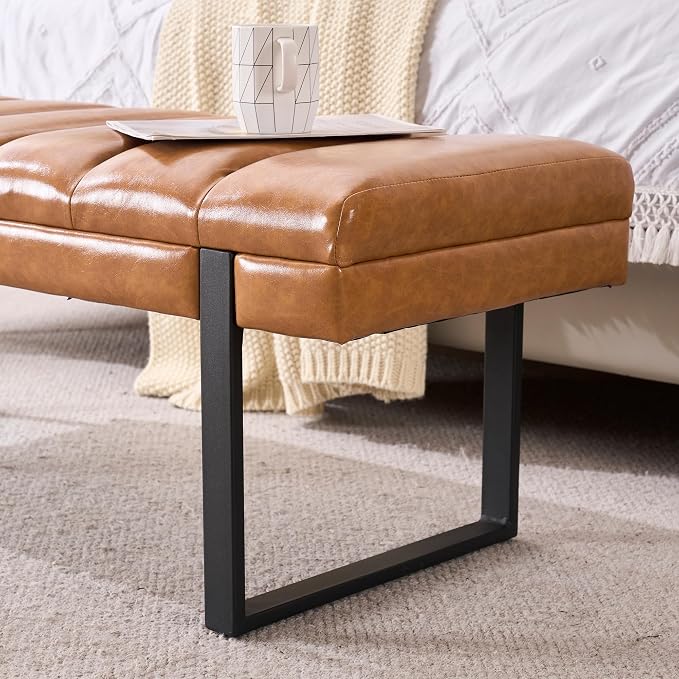 46" Faux Leather Bench for Bedroom End of Bed Window, Camel Brown | Tufted - Image 6