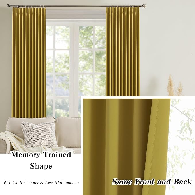 Yellow Pinch Pleated Curtains 63 Inch Length 2 Panels Set Noise Cancelling - Image 6