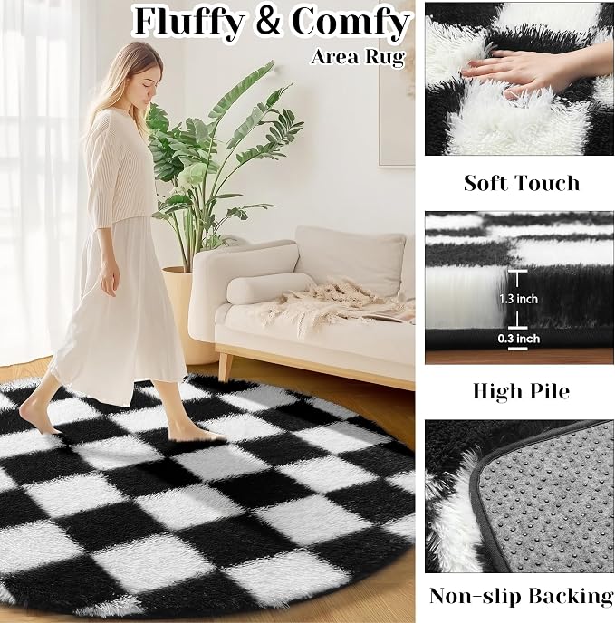 KICMOR Round Rug 4ft for Bedroom, Indoor Checkered Circular Rug for Kids Room - Image 2
