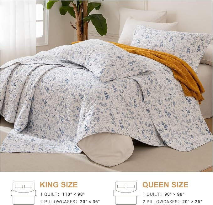QSH Blue & White Floral Cotton Quilt Set Queen, 3 Pieces Botanical Flower - Image 5