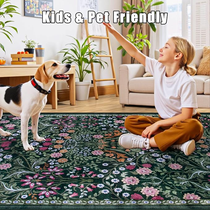 PLHXFR Area Rug 9x12 Living Room: Floral Washable Boho Carpet Dark Green | - Image 7
