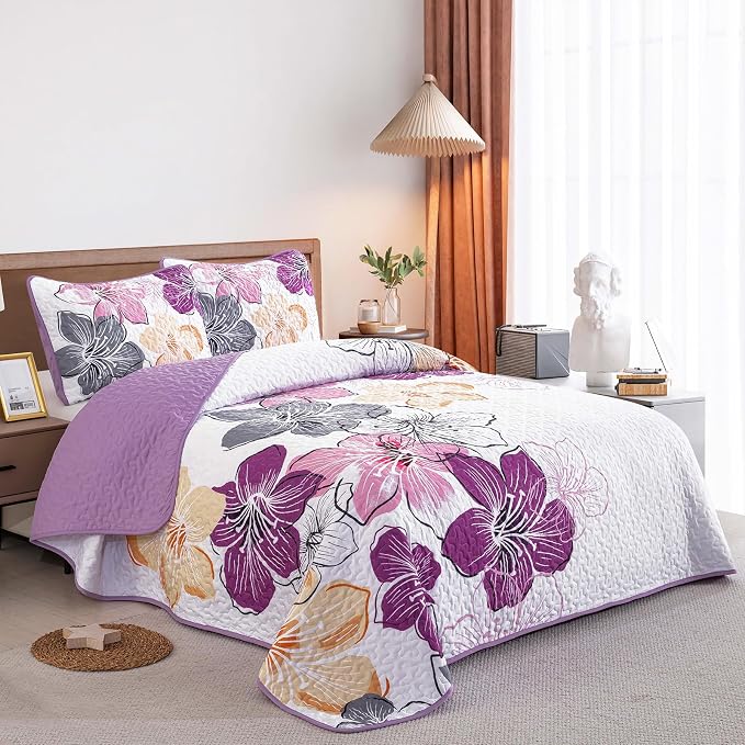 DJY 3 Pieces Quilt Set King Size Purple Floral Pattern, Colourful Floral - Image 2