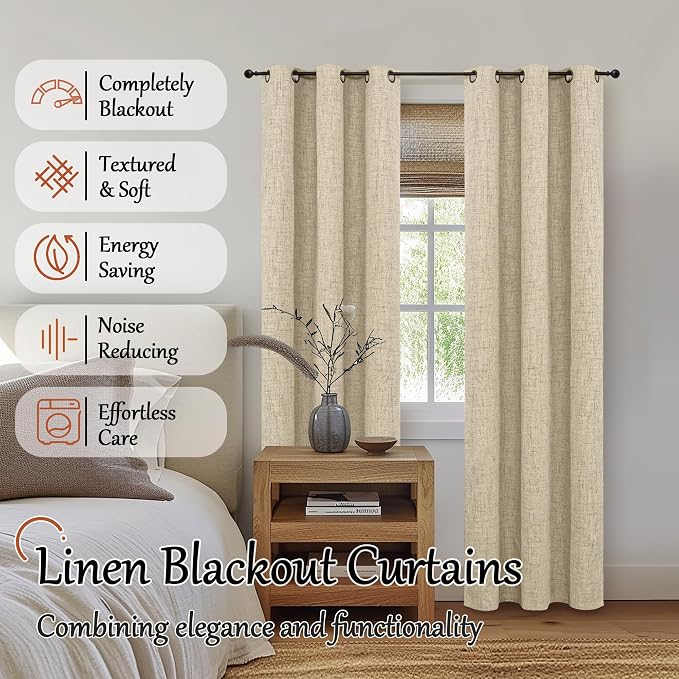 Burlap Linen Blackout Curtains 80 Inch Long Each 38 Wide 2 Panels | Thermal - Image 2