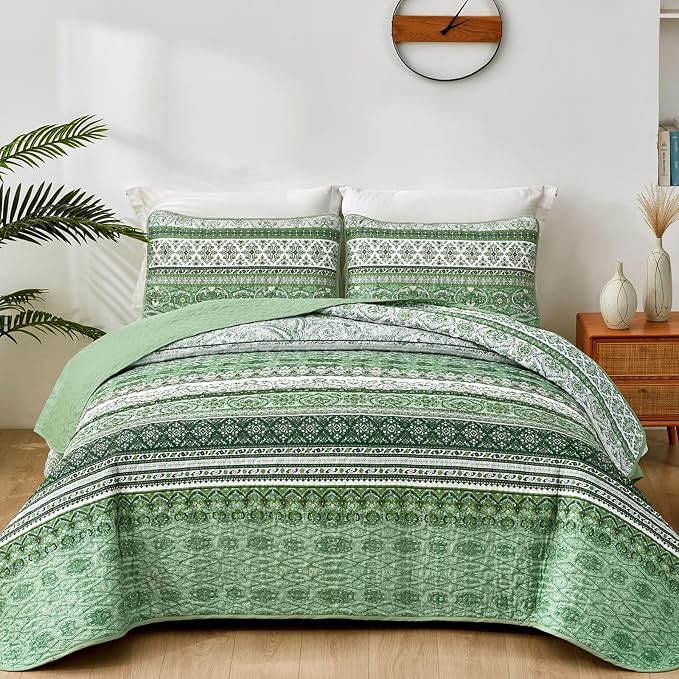 WONGS BEDDING Boho Quilt Set Full Size, Light Green Bohemian Full Quilt Bedding by WONGSBEDDING