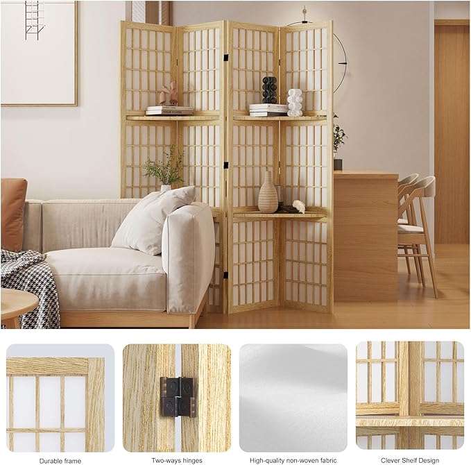 Room Divider with Shelves, 66.9-Inch Tall Japanese Shoji Style Wood Screen with - Image 2