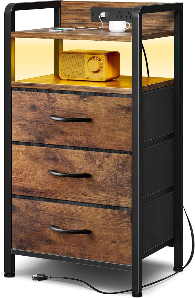 Lazzanto Nightstand with Rear Charging Station, LED Light, 3 Drawers, 2 USB-A by Lazzanto