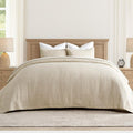 100% Cotton Cross Stitch 3-Piece Quilt Set, Flax Beige | Cross Stitch Cotton by EVERGRACEHOME