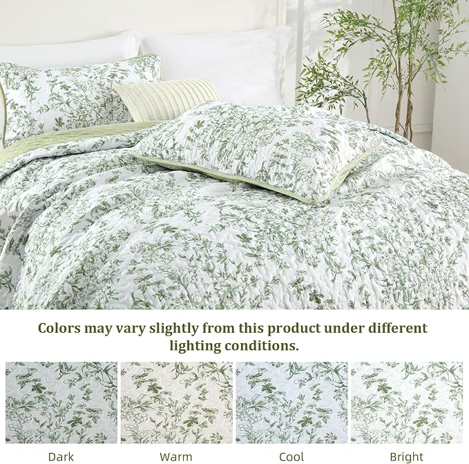 WONGS BEDDING California King Quilt Set, Sage Green Botanical Lightweight | - Image 6