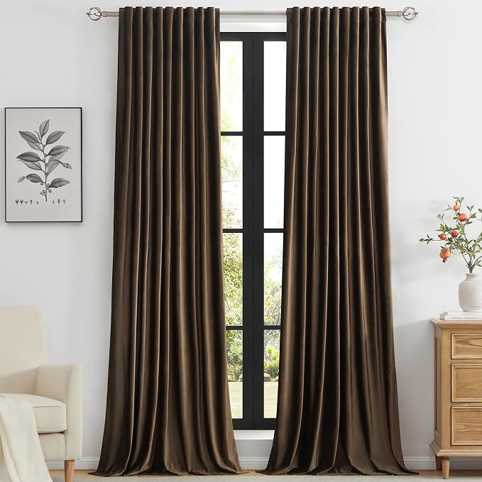 PRIMROSE Brown Velvet Curtains 108 inch Long by PRIMROSE