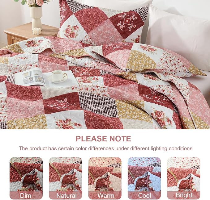 Dinjoy Boho Quilt Set Queen Size, Patchwork Floral Bedspreads, Romantic Red | - Image 10