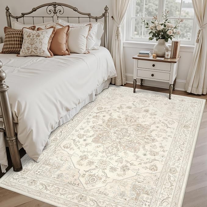 4x6 Area Rugs Living Room: Bedroom Washable Carpet Beige White | Vintage Boho - Image 2