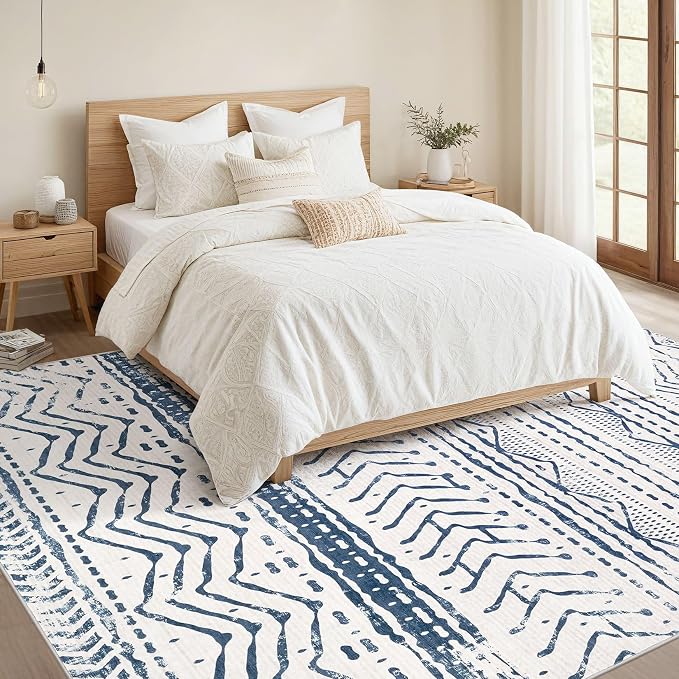 Nakagishi Boho 5x7 Area Rug Living Room Rugs Machine Washable Navy Blue | Soft - Image 5