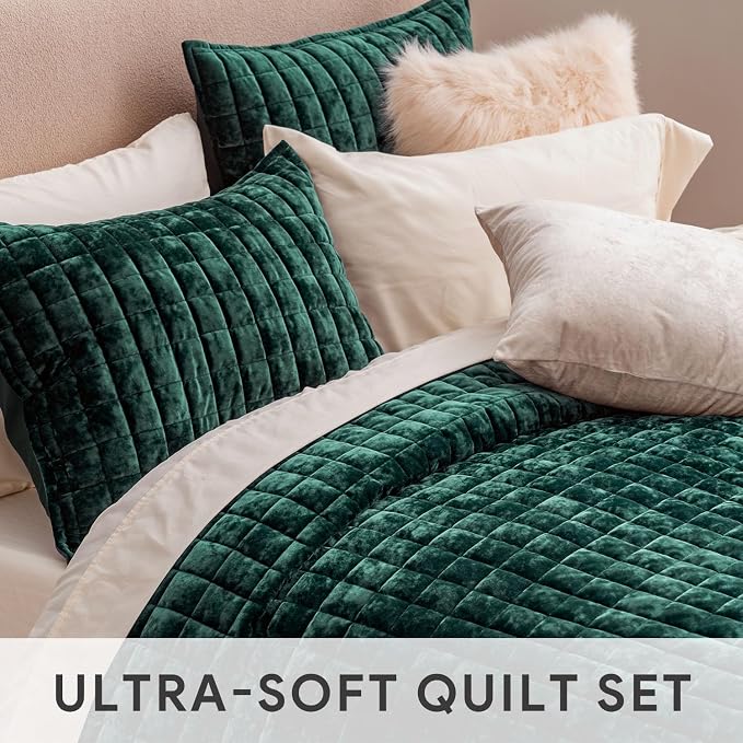 RECYCO Channel Box Stitch Velvet Quilt Set, Full Queen Size, Emerald Green | - Image 4