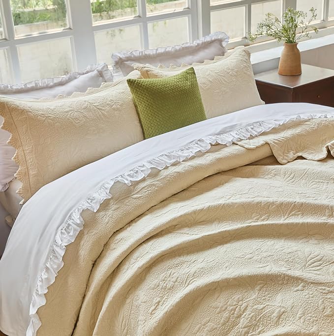 Brandream Queen Size Quilt Set Cotton Beige Quilts Luxury Farmhouse Bedding Set - Image 3
