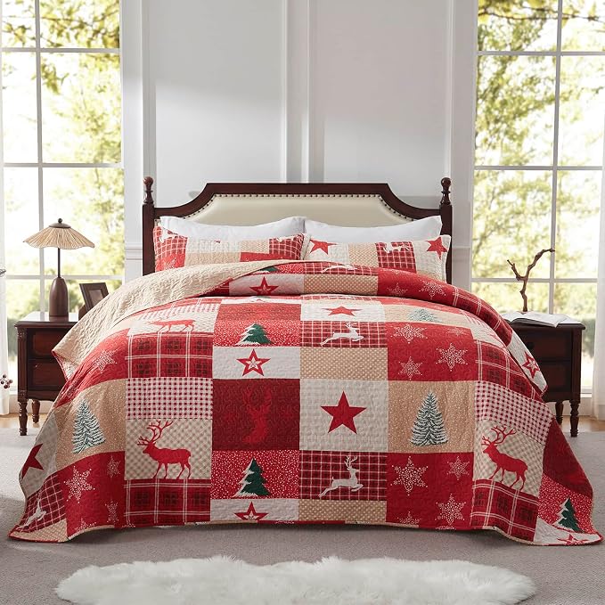 Christmas Quilt Set 3-Piece Full Queen Size Bedspread Coverlet 90''x98'' - Image 2