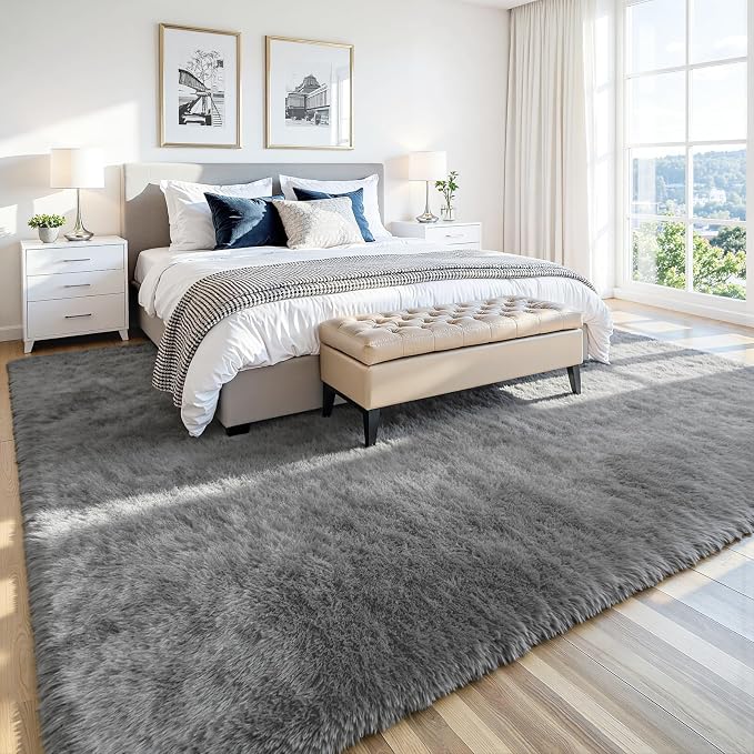 8x10 Fluffy Area Rug for Living Room: Non-Slip Light Grey Bedroom Carpet | - Image 3