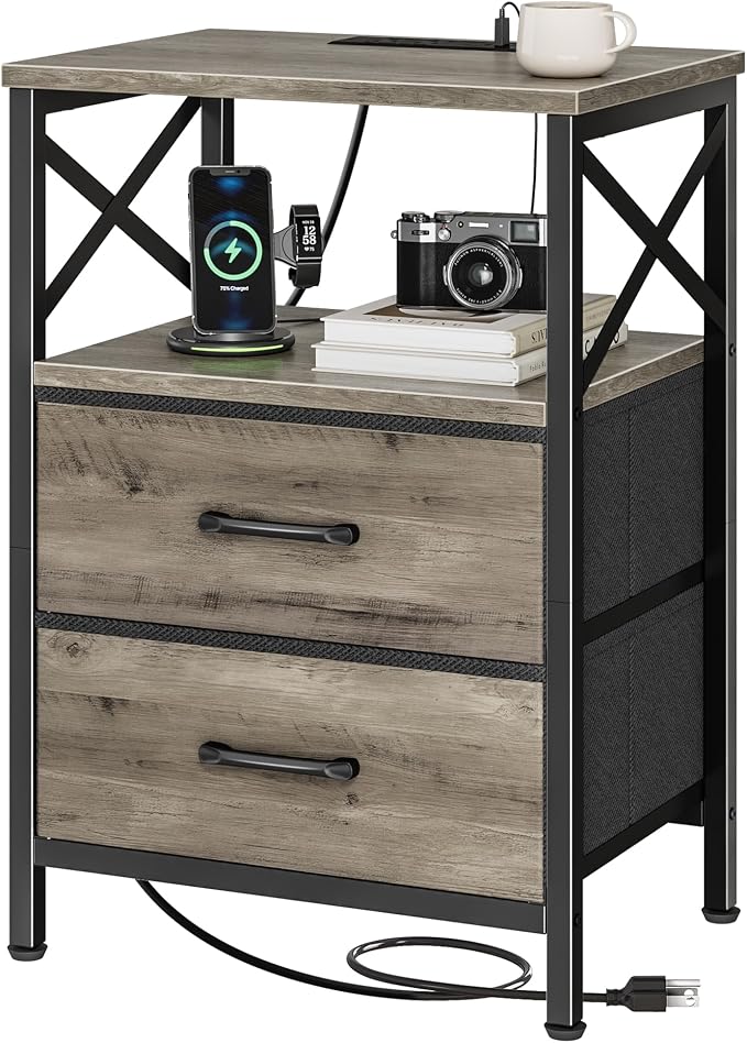 Huuger Night Stand with Charger Station, USB-C Port, End Table | 2 Drawer by Huuger