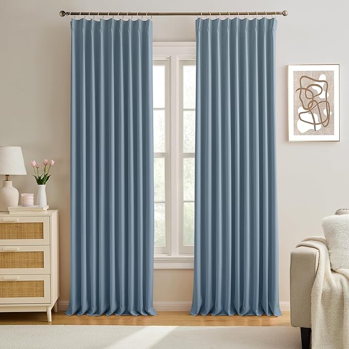 2 PCs Dusty Blue Pleat Wide Drapes by KEQIAOSUOCAI