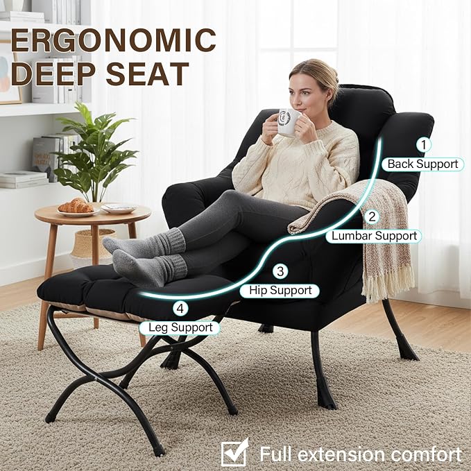 Welnow Lazy Chair with Ottoman, Reading Chair with Footrest, Foldable Footrest - Image 8