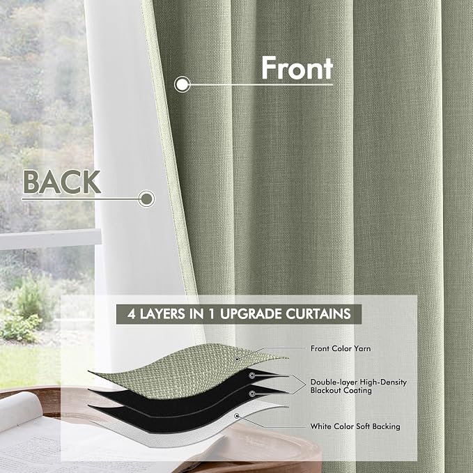 MIULEE 100% Blackout Back Tab Pleat Linen Curtains 50" Wx96 L, Sage Green | 2 - Image 5