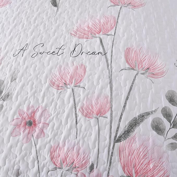 Dinjoy Pink Quilt Set Full, Floral Botanical Bedspread - Image 6