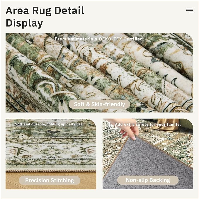 Soalmost 9x12 Area Rugs for Living Room Washable Rug Non-Slip Olive Beige | - Image 6