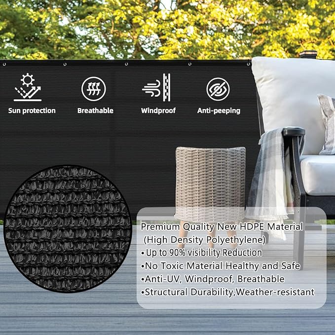 Custom Size 3.3'x12' Black Balcony Privacy Screen 90% UV Block | Windscreen - Image 2