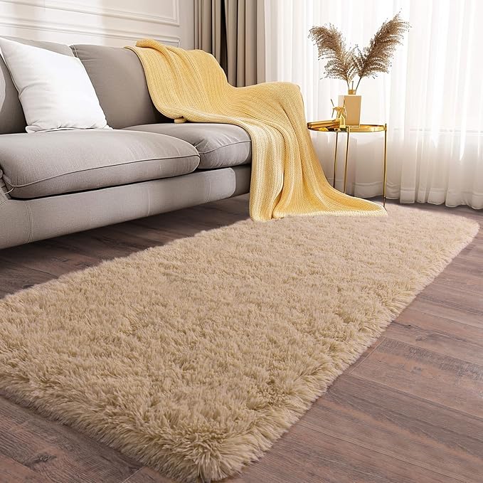Soft Runner Rugs for Bedroom Hallway 2x6 Beige Fluffy Shag Washable | Upgrade - Image 2