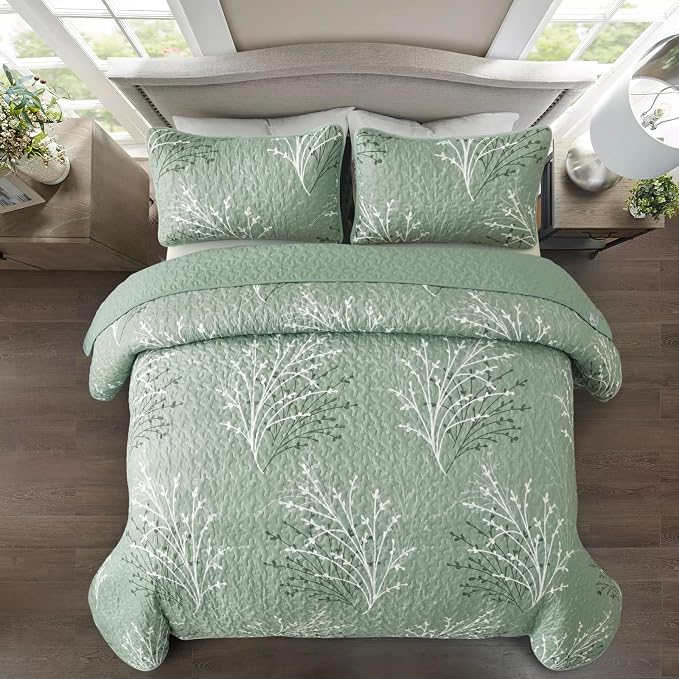 DJY Sage Green Quilt Set California King Size, Branch Botanical Coverlet | Soft - Image 3