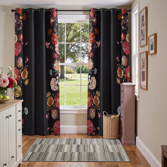 jinchan Black Floral Blackout Curtains 84 Inch Vintage Grommet 2 Panels | Room - Image 8