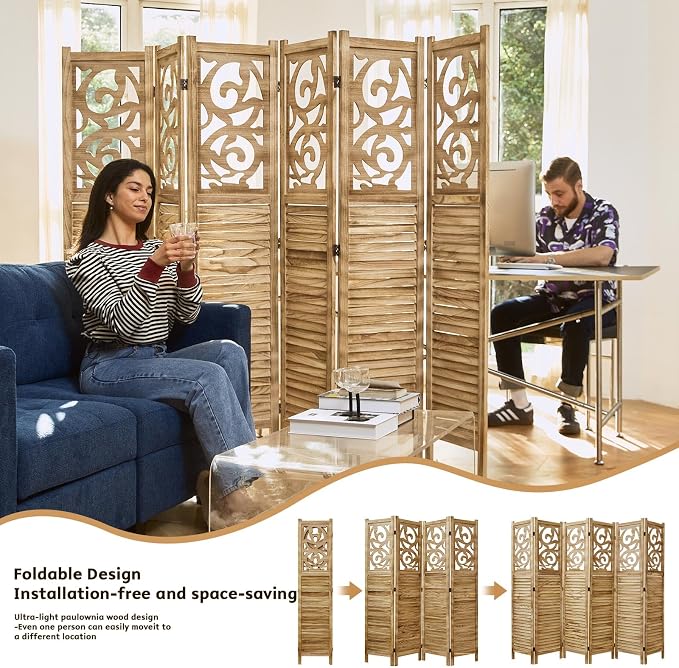 Svimi Folding Room Divider, 5.6Ft 6 Panels Wood Carved Privacy Screens - Image 2