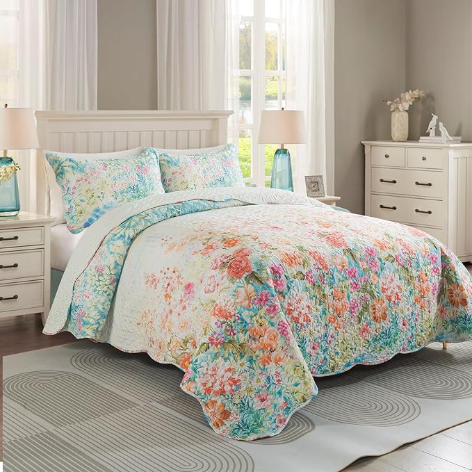 Floral Quilt Queen Quilt Set, Fade Resistant Microfiber Queen Quilt Bedding Set - Image 2