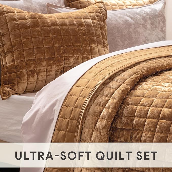 RECYCO Channel Box Stitch Velvet Quilt Set, King Size, Caramel Gold | Ultra - Image 5