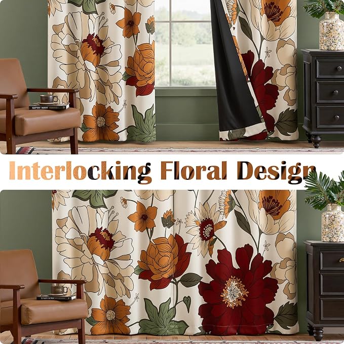 jinchan Beige Boho Floral Blackout Curtains 108 Inch Grommet 2 Panels | Room - Image 5