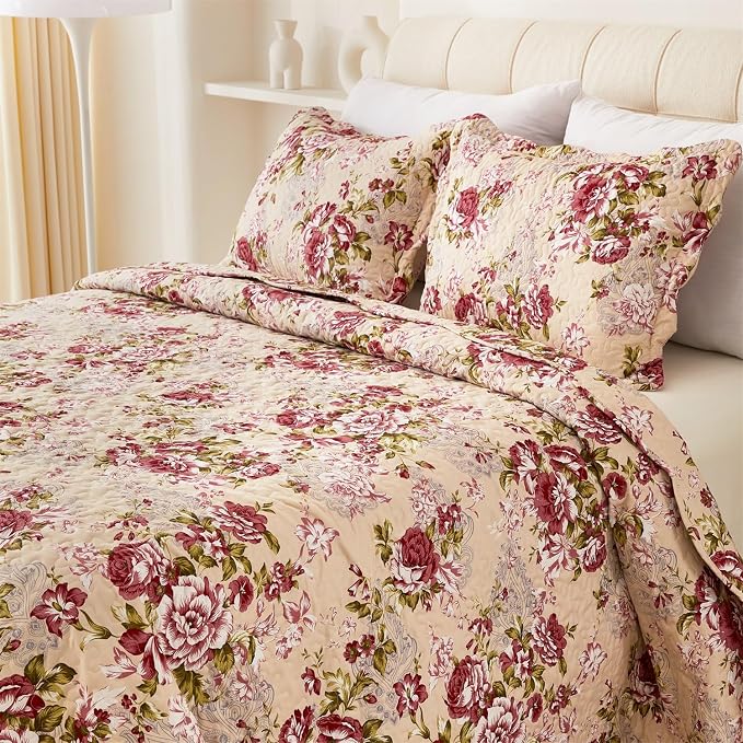 Cmfshape Summer Floral Queen Quilted Bedspread, Romantic Red Quilt Set by cmfshape-quiltset