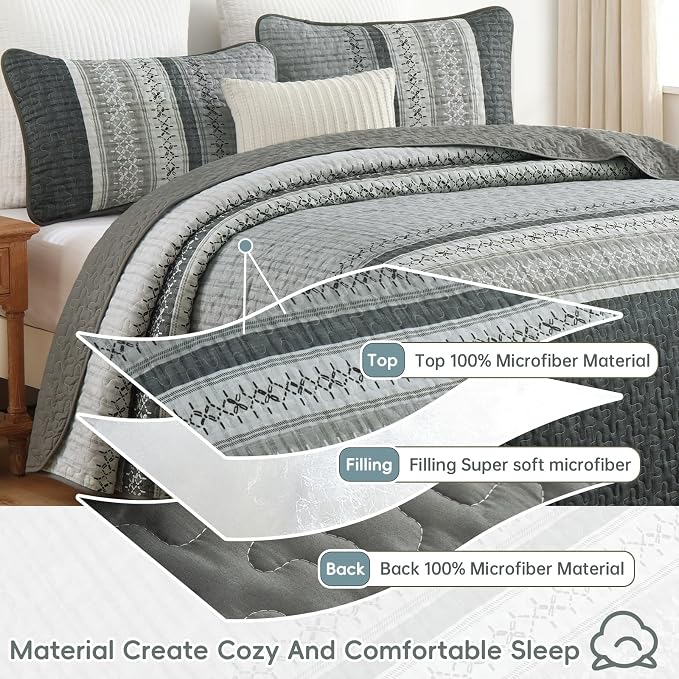 Cottolester Gery Quilt Set Queen, Soft Striped Texture Bedspread Coverlet | - Image 5