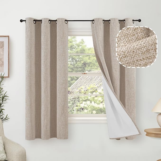 Beige Linen Blackout Curtains 63 Inch Long Each 38 Wide 2 Panels | Thermal by Lajode