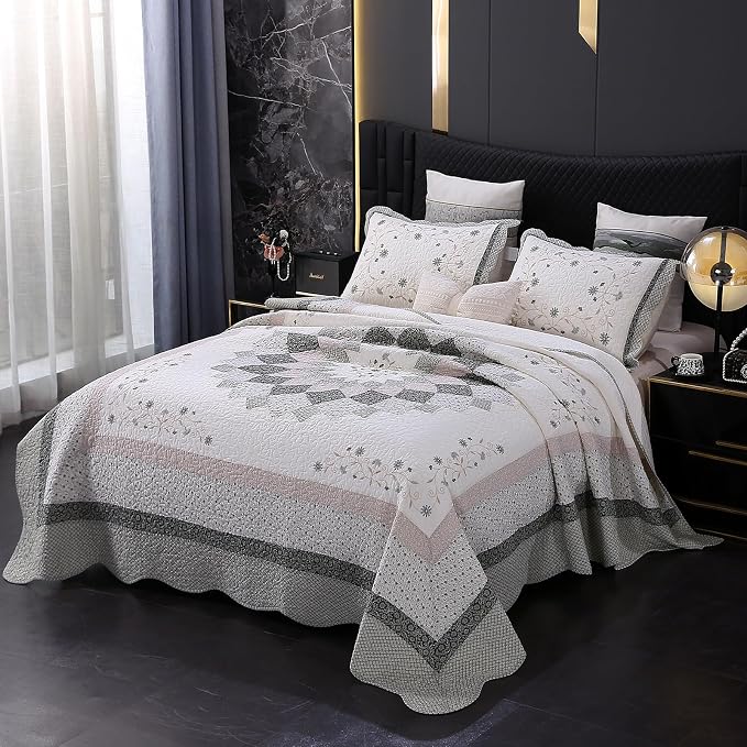 ROOMLIFE Quilt Set King Size 3D Floral Embroidery Pattern 3-Piece Cotton | by ROOMLIFE
