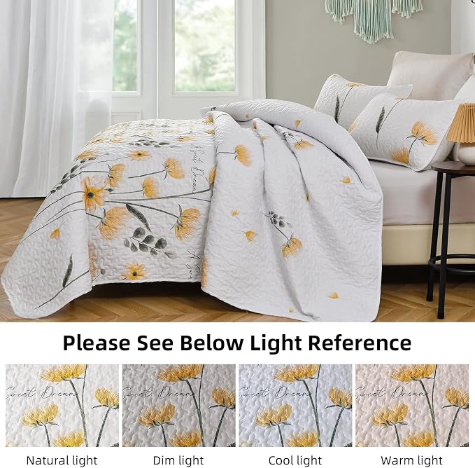 Dinjoy Floral Quilt Set California King, 3 Pieces Yellow Flower Bedspread | - Image 3