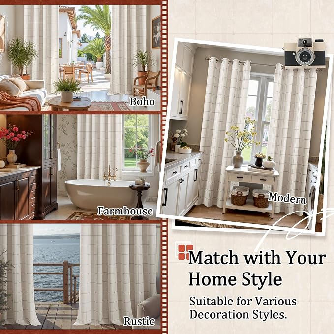 Plaid Blackout Curtains 96 Inch Long, 52 Wide 2 Panels, Light Grey | Linen - Image 8