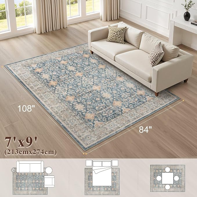 cotiled 7x9 Area Rug for Living Room, Traditional, Dark Blue | Soft Distressed - Image 2