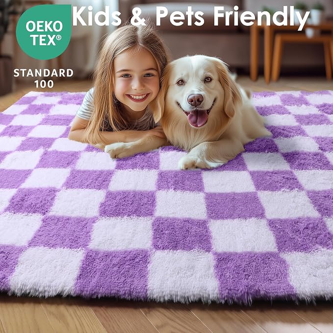 KICMOR Purple Rugs for Living Room Bedroom, 5x7 Fluffy Soft Checkered Area Rug - Image 6
